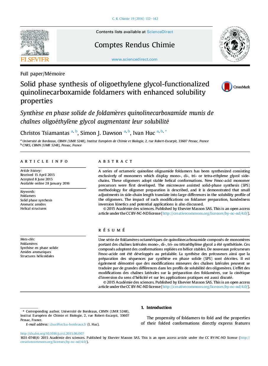 Solid phase synthesis of oligoethylene glycol-functionalized quinolinecarboxamide foldamers with enhanced solubility properties