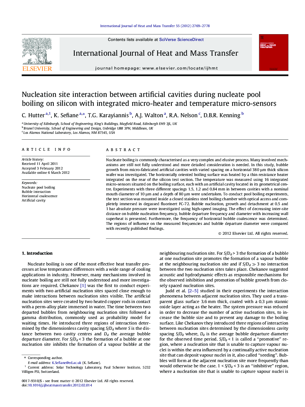 Nucleation site interaction between artificial cavities during nucleate pool boiling on silicon with integrated micro-heater and temperature micro-sensors