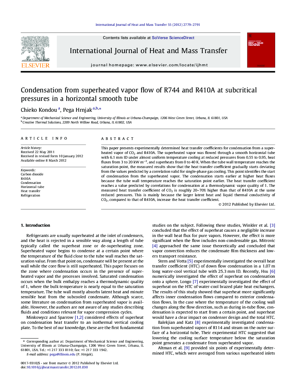 Condensation from superheated vapor flow of R744 and R410A at subcritical pressures in a horizontal smooth tube