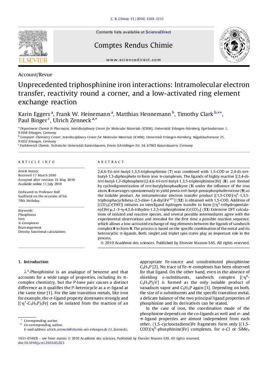 Unprecedented triphosphinine iron interactions: Intramolecular electron transfer, reactivity round a corner, and a low-activated ring element exchange reaction