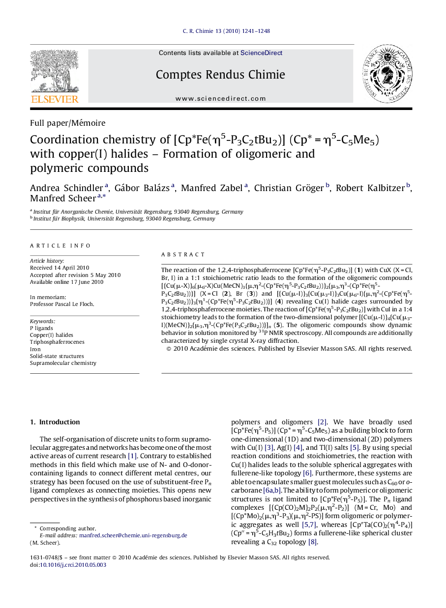 Coordination chemistry of [Cp*Fe(Î·5-P3C2tBu2)] (Cp*Â =Â Î·5-C5Me5) with copper(I) halides - Formation of oligomeric and polymeric compounds