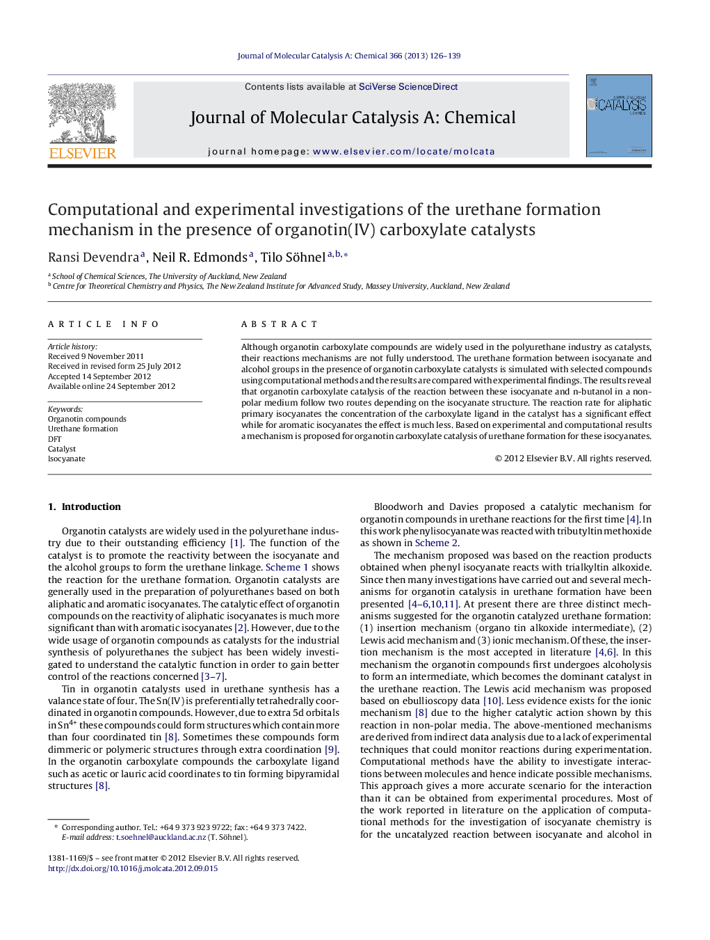 Computational and experimental investigations of the urethane formation mechanism in the presence of organotin(IV) carboxylate catalysts