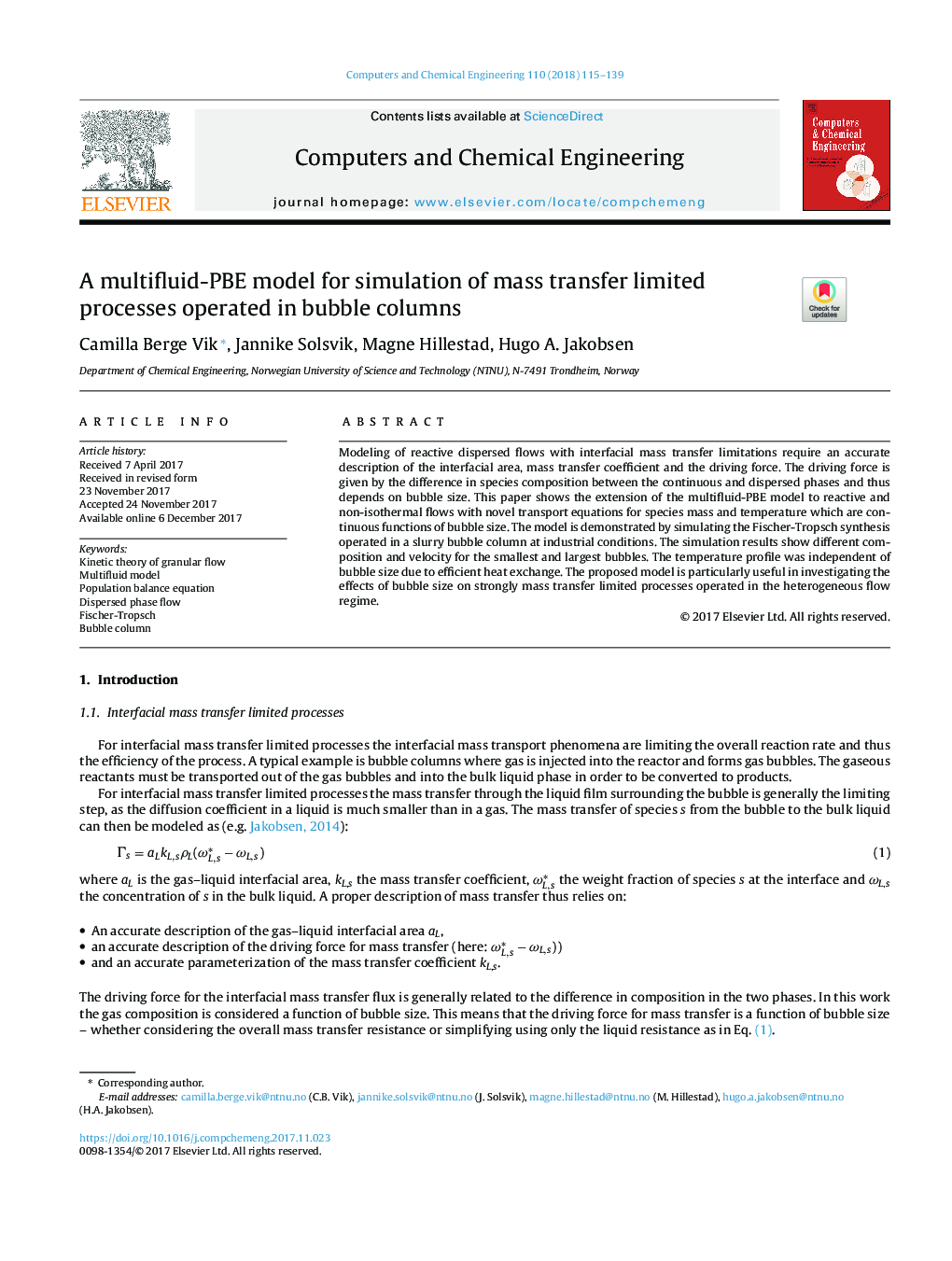 A multifluid-PBE model for simulation of mass transfer limited processes operated in bubble columns