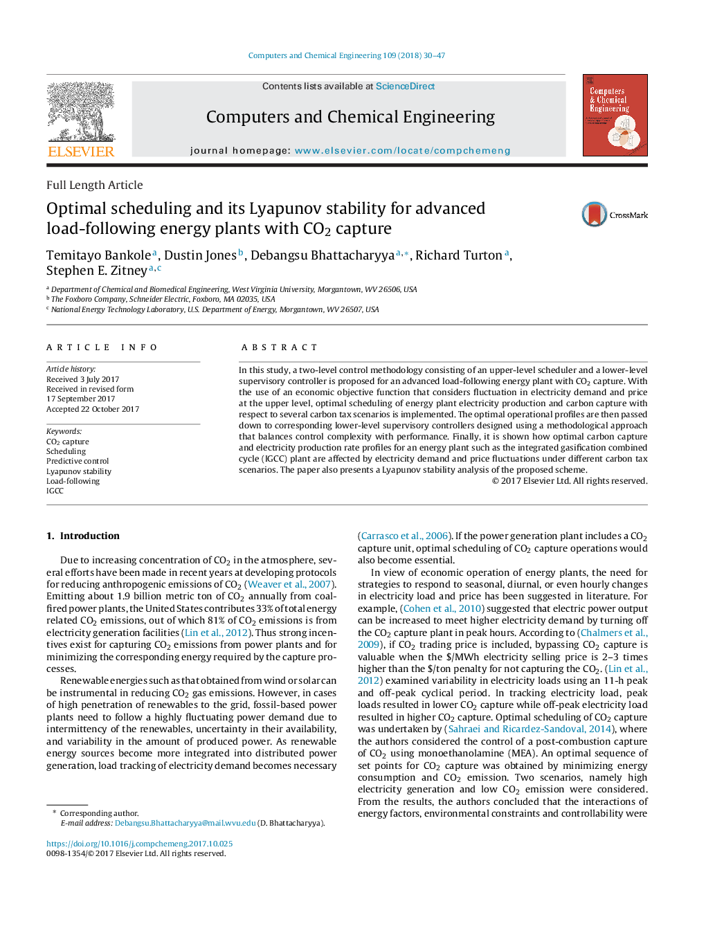 عکس صفحه اول مقاله: Optimal scheduling and its Lyapunov stability for advanced load-following energy plants with CO2 capture Optimal scheduling and its Lyapunov stability for advanced load-following energy plants with CO2 capture
