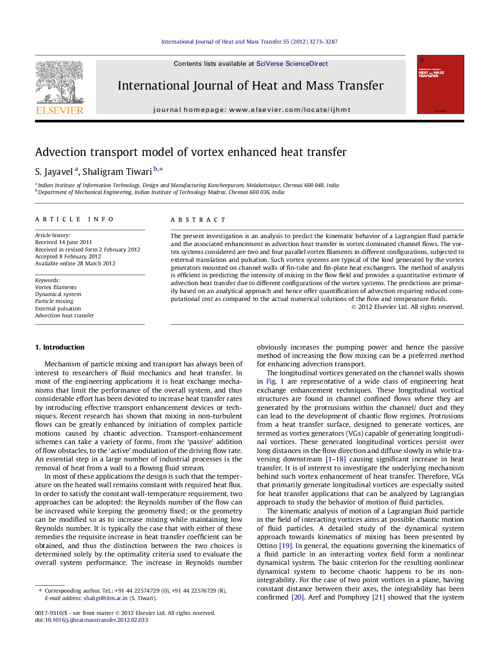 Advection transport model of vortex enhanced heat transfer