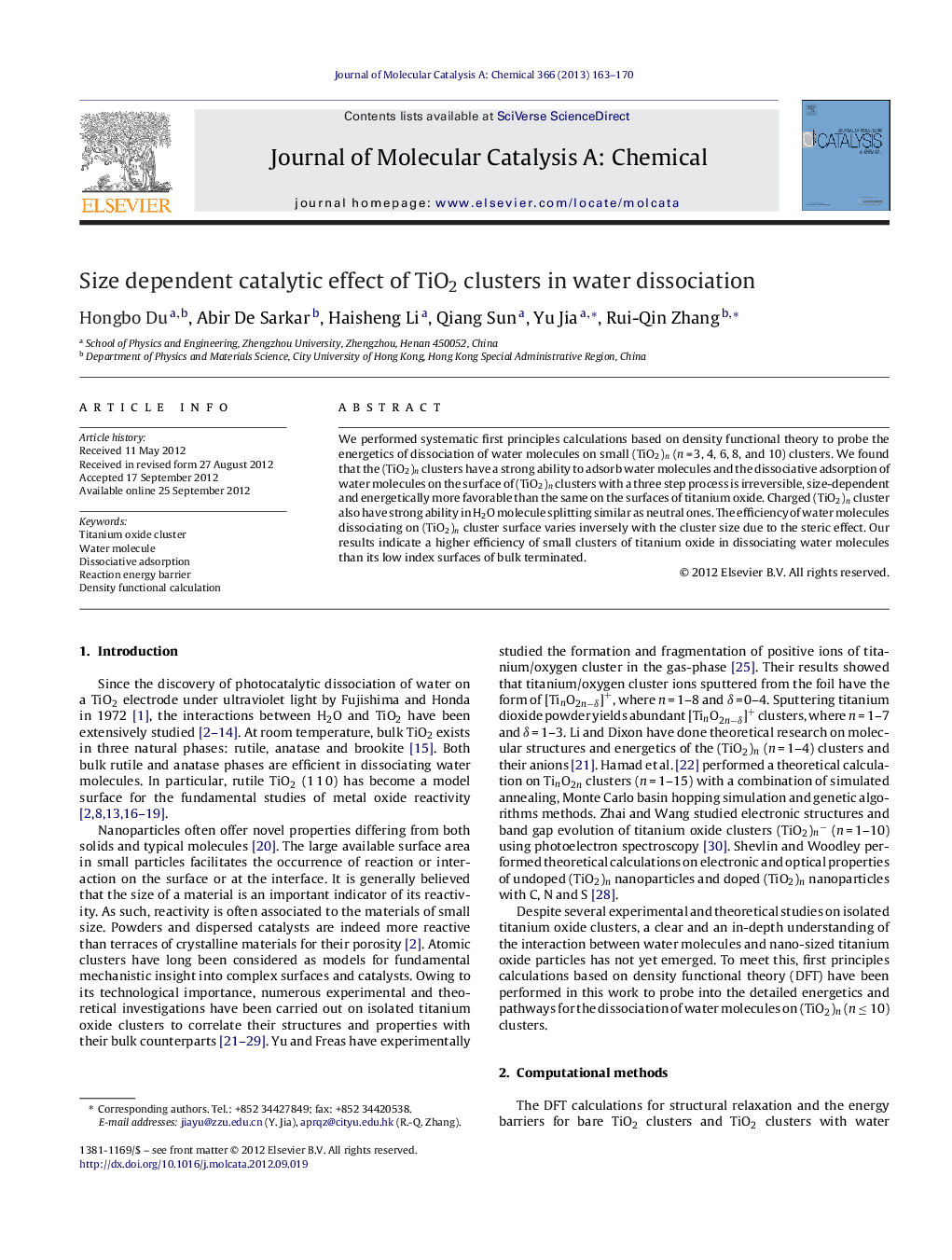 عکس صفحه اول مقاله: Size dependent catalytic effect of TiO2 clusters in water dissociation Size dependent catalytic effect of TiO2 clusters in water dissociation