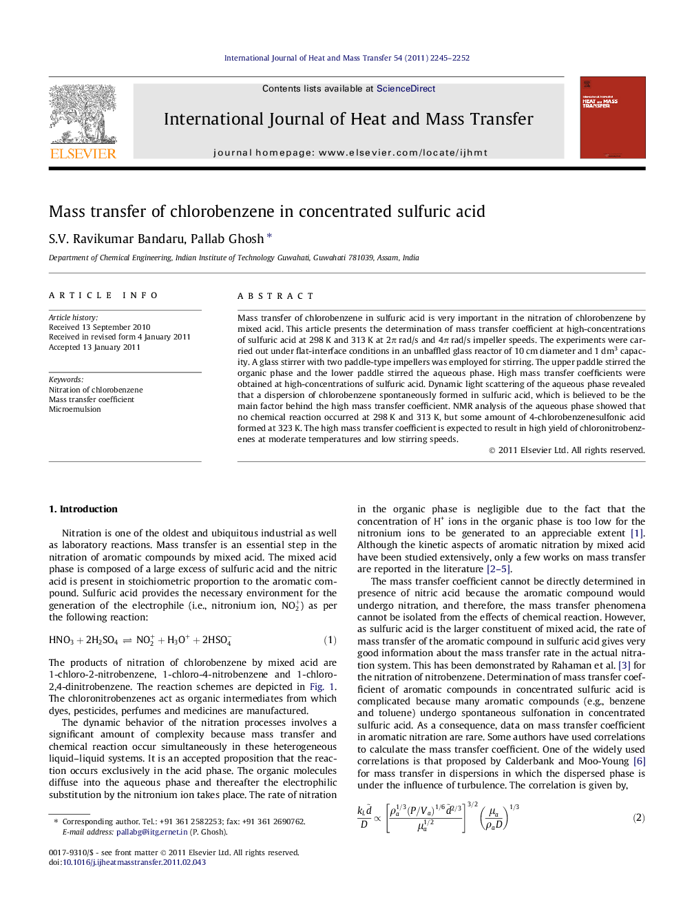 Mass transfer of chlorobenzene in concentrated sulfuric acid