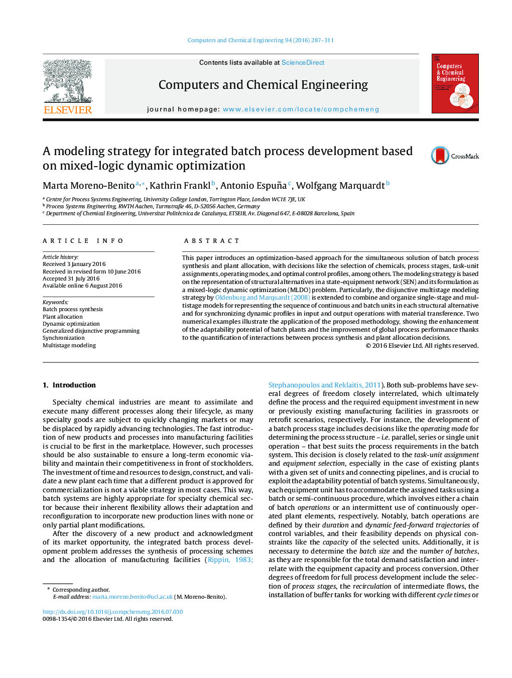 A modeling strategy for integrated batch process development based on mixed-logic dynamic optimization