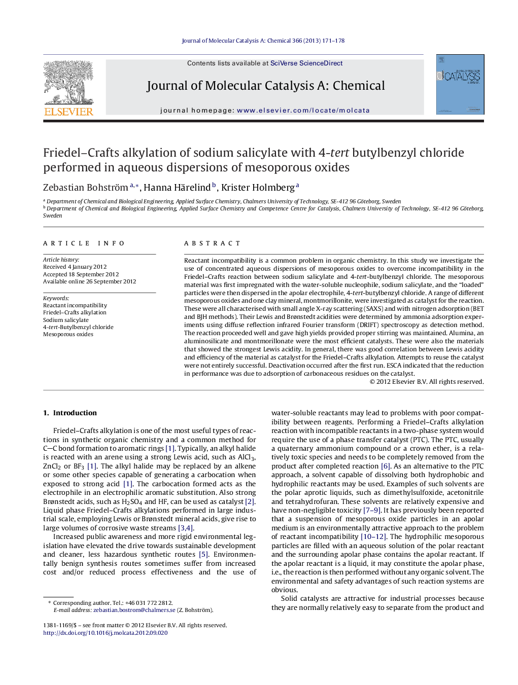 عکس صفحه اول مقاله: Friedel–Crafts alkylation of sodium salicylate with 4-tert butylbenzyl chloride performed in aqueous dispersions of mesoporous oxides Friedel–Crafts alkylation of sodium salicylate with 4-tert butylbenzyl chloride performed in aqueous dispersions of mesoporous oxides