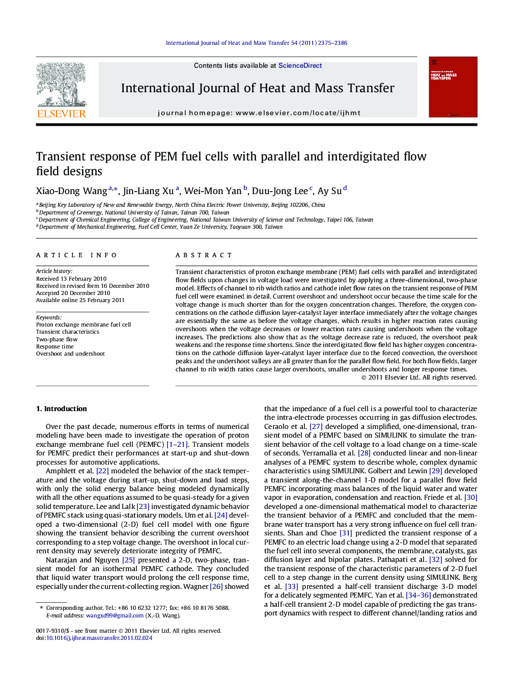 Transient response of PEM fuel cells with parallel and interdigitated flow field designs