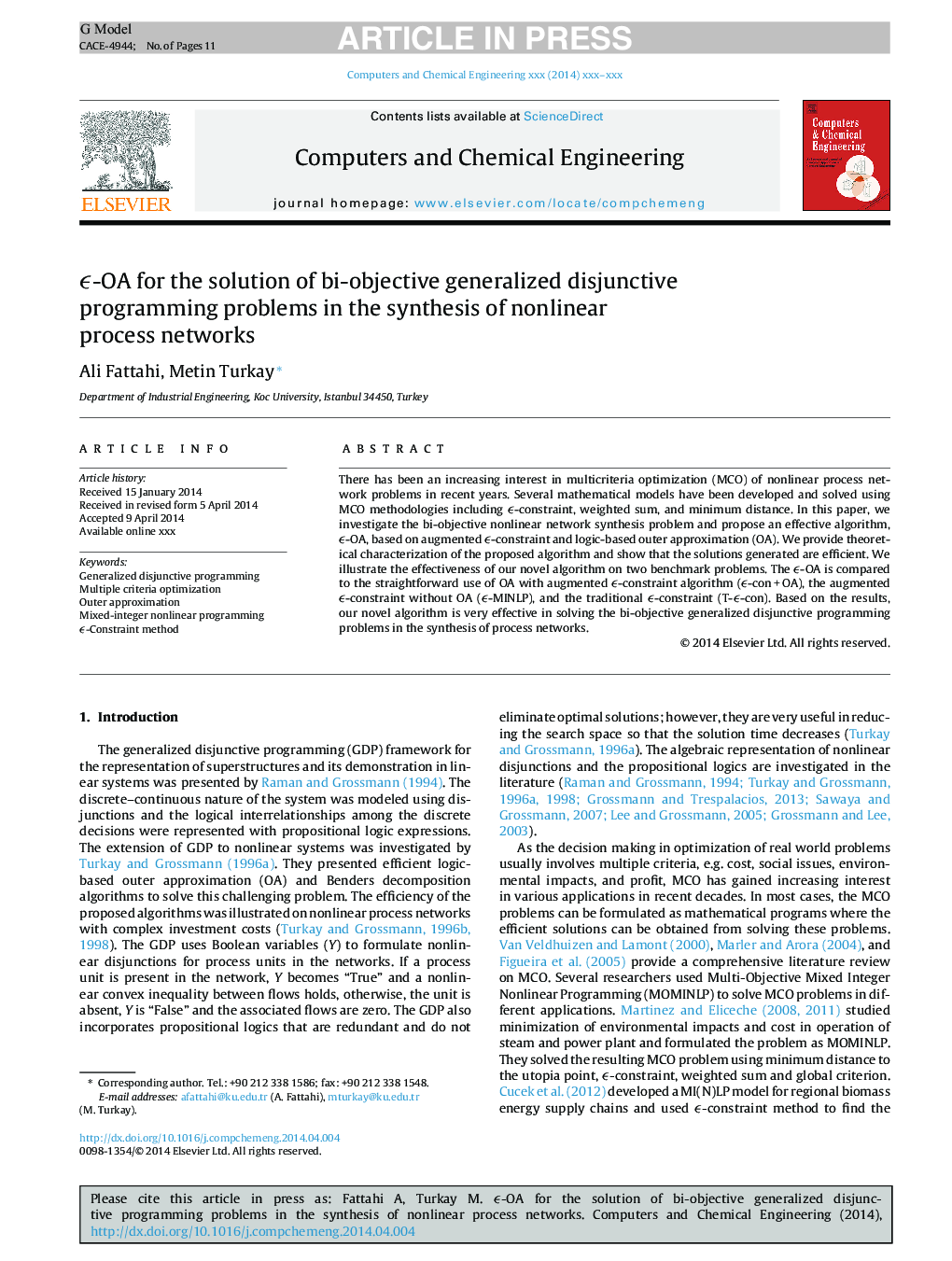 Ïµ-OA for the solution of bi-objective generalized disjunctive programming problems in the synthesis of nonlinear process networks