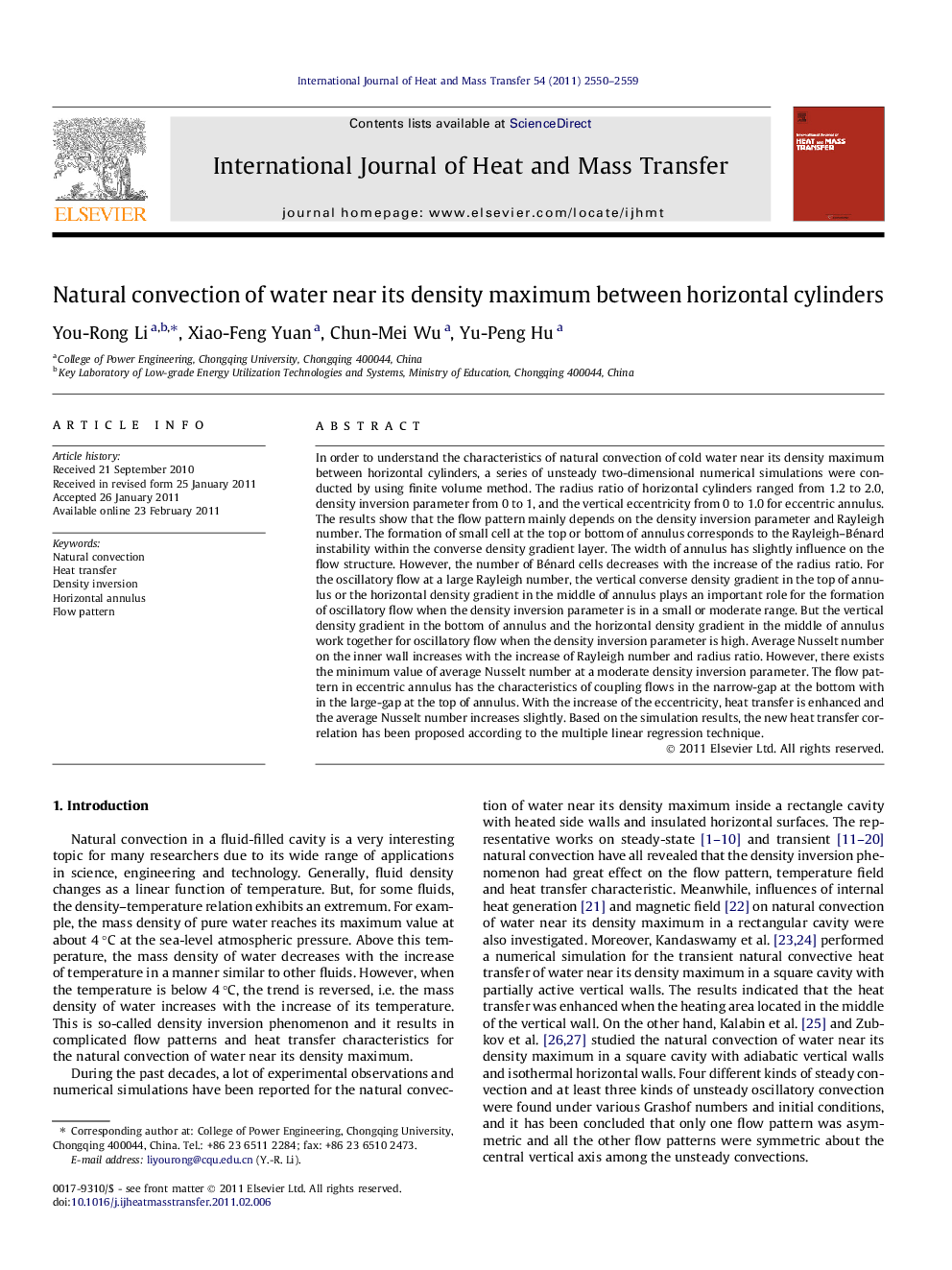 Natural convection of water near its density maximum between horizontal cylinders