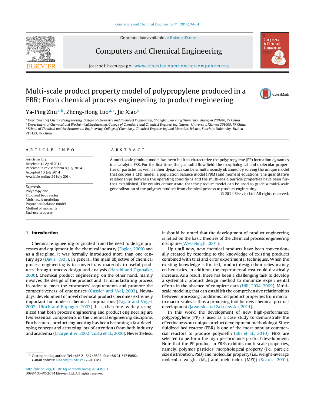 Multi-scale product property model of polypropylene produced in a FBR: From chemical process engineering to product engineering