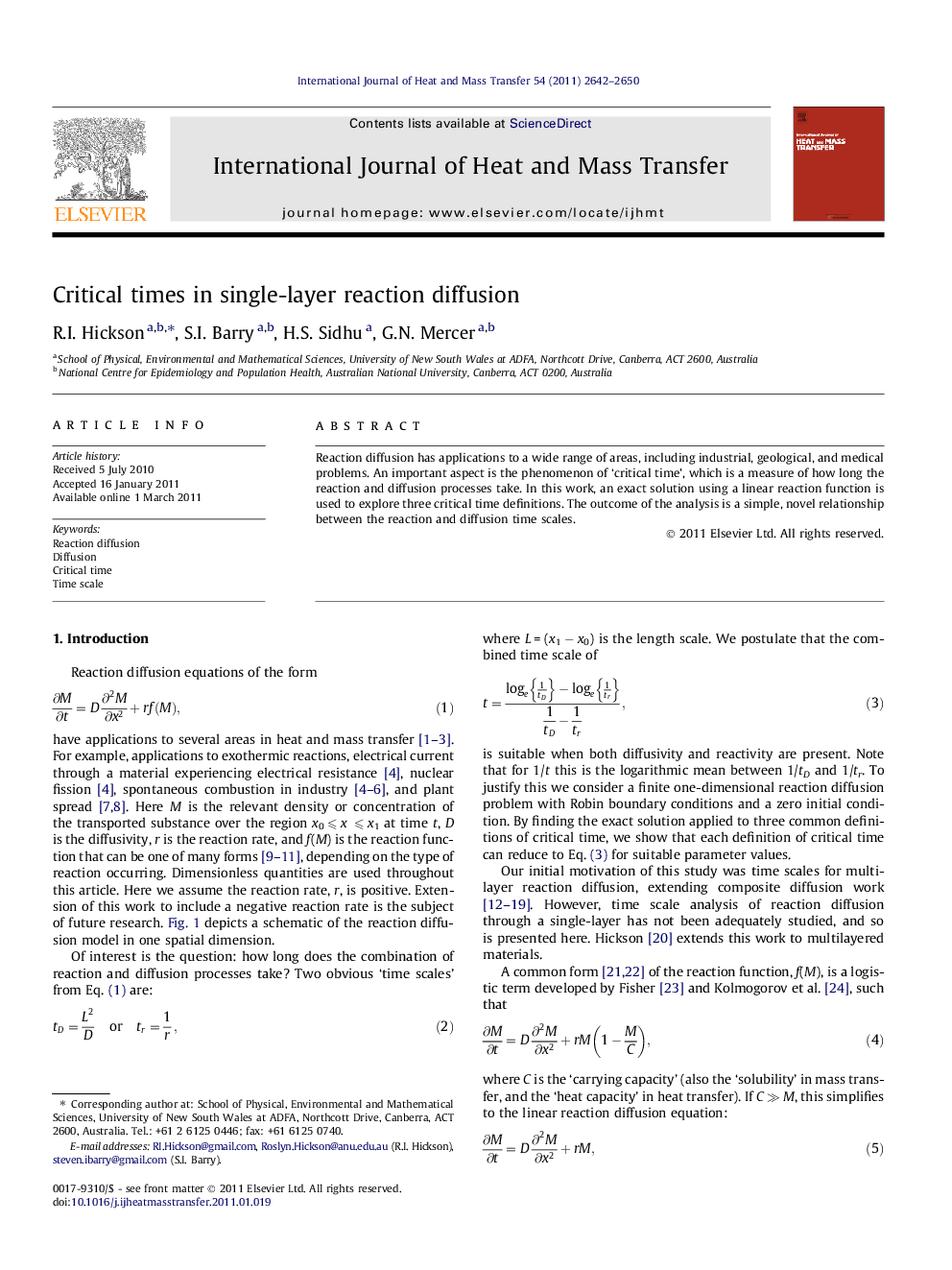 Critical times in single-layer reaction diffusion