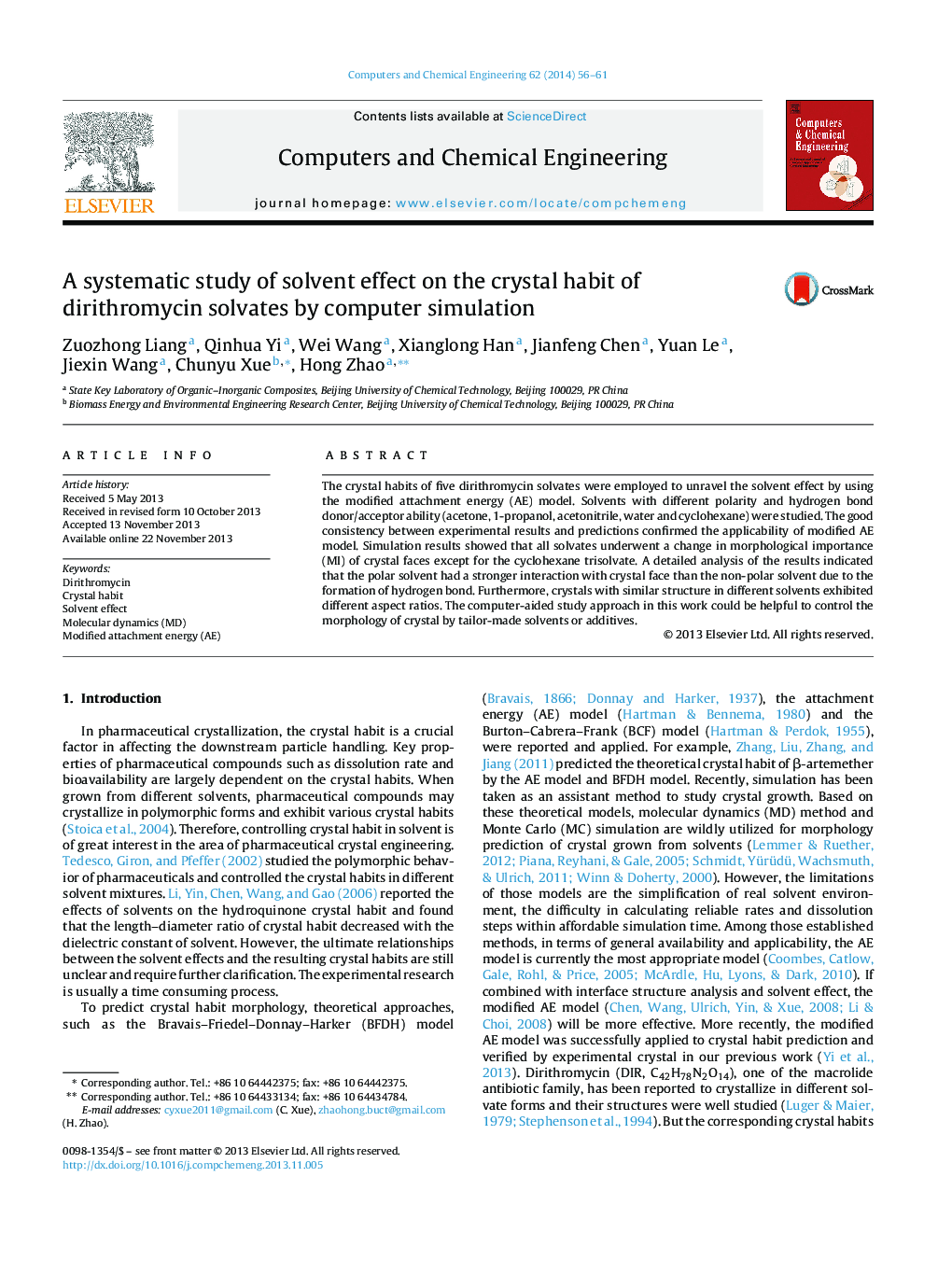 A systematic study of solvent effect on the crystal habit of dirithromycin solvates by computer simulation