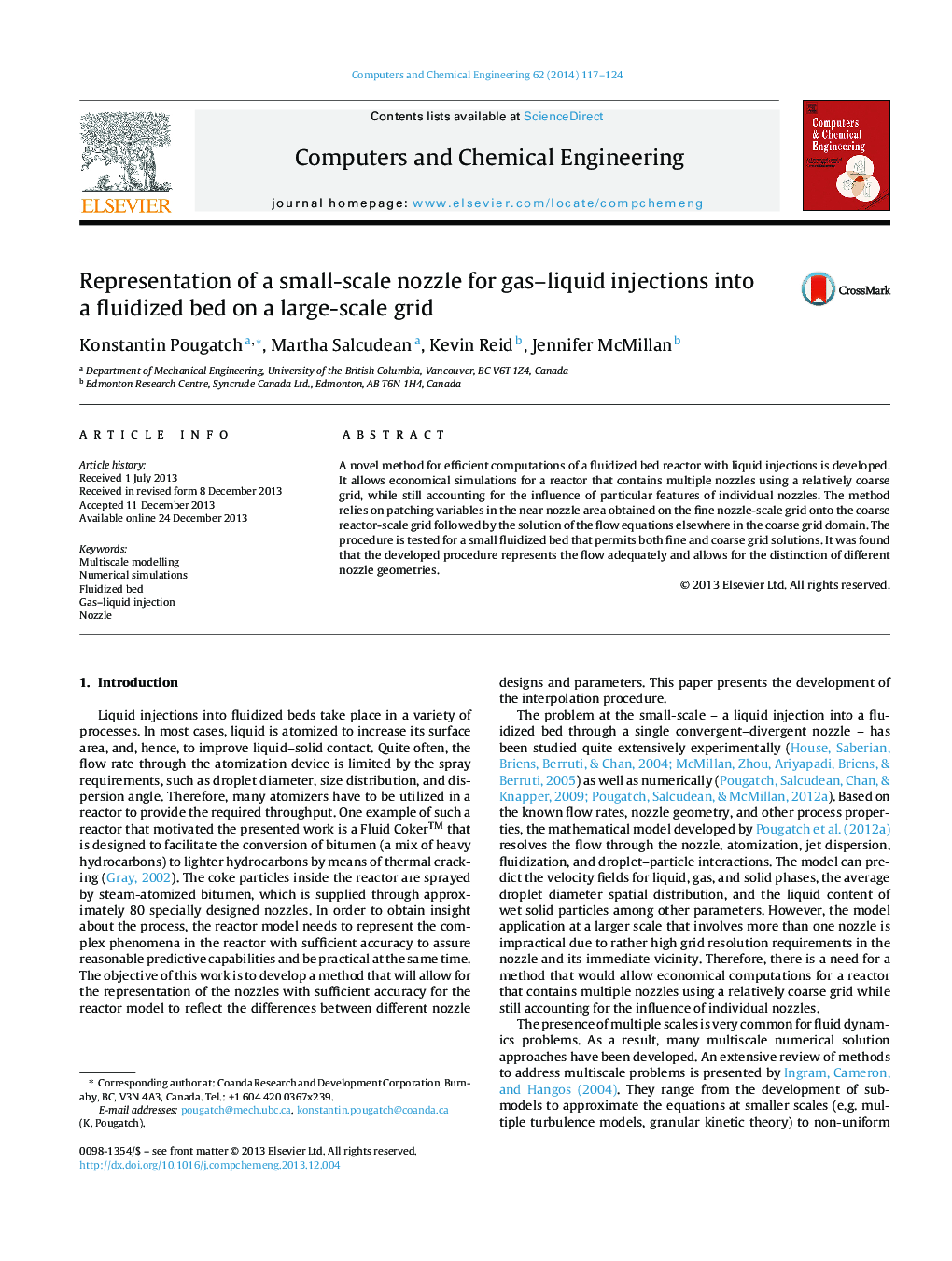 Representation of a small-scale nozzle for gas-liquid injections into a fluidized bed on a large-scale grid