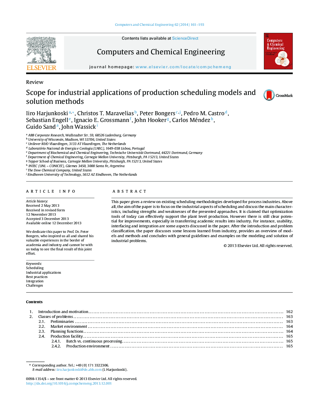 Scope for industrial applications of production scheduling models and solution methods