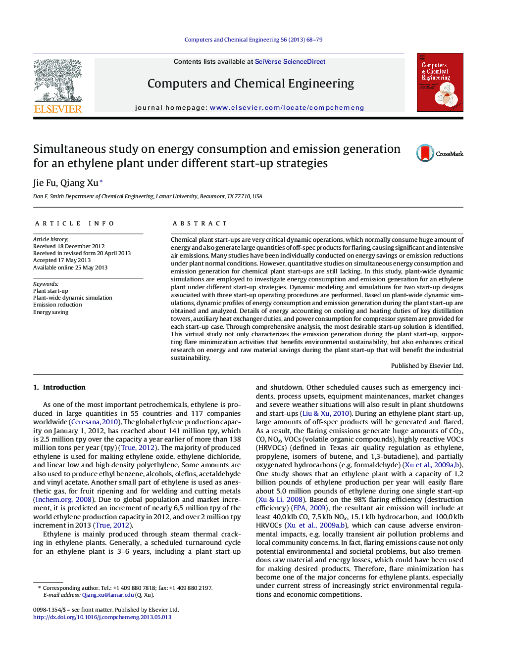 Simultaneous study on energy consumption and emission generation for an ethylene plant under different start-up strategies