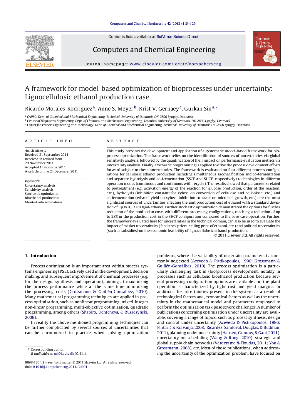 A framework for model-based optimization of bioprocesses under uncertainty: Lignocellulosic ethanol production case