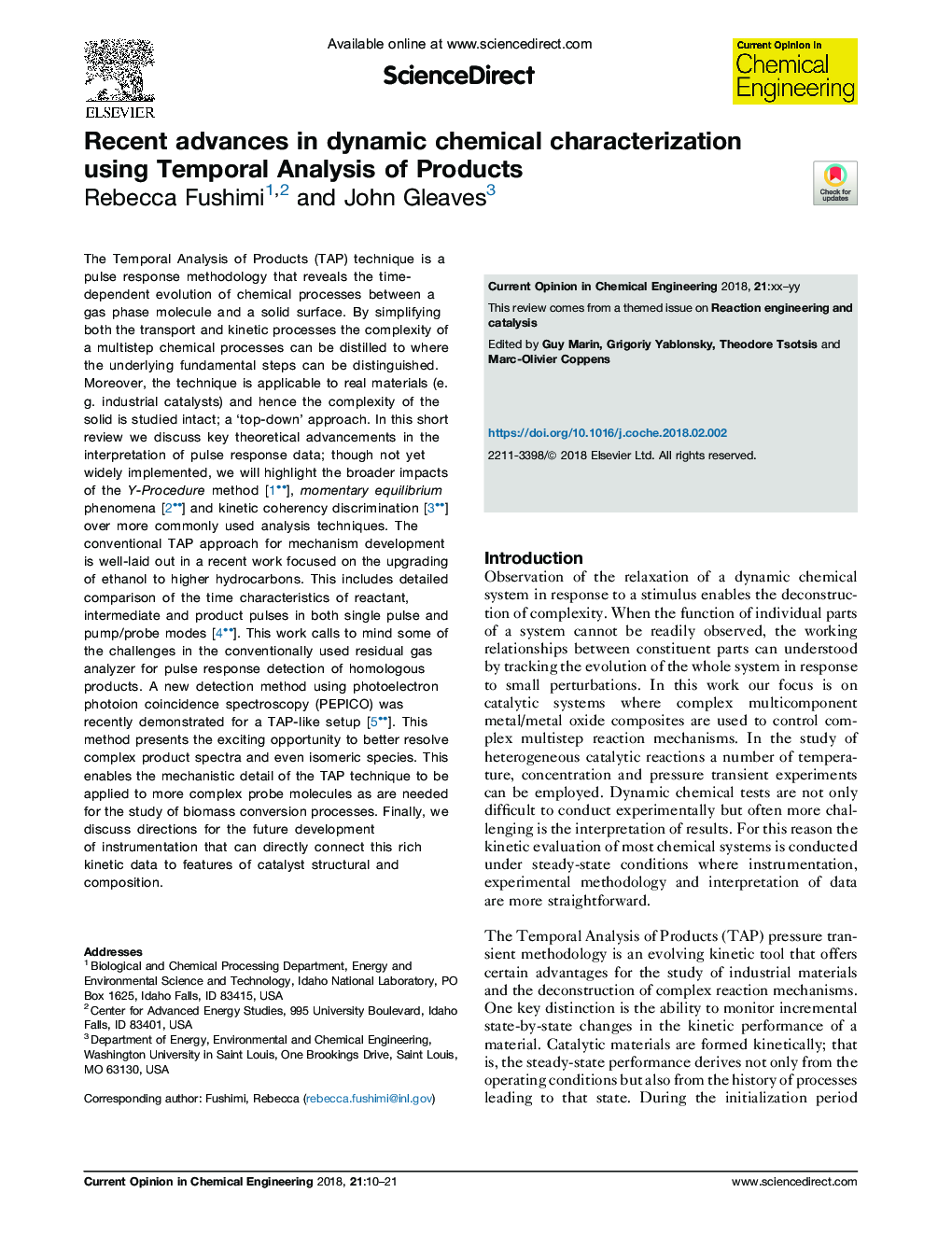 Recent advances in dynamic chemical characterization using Temporal Analysis of Products