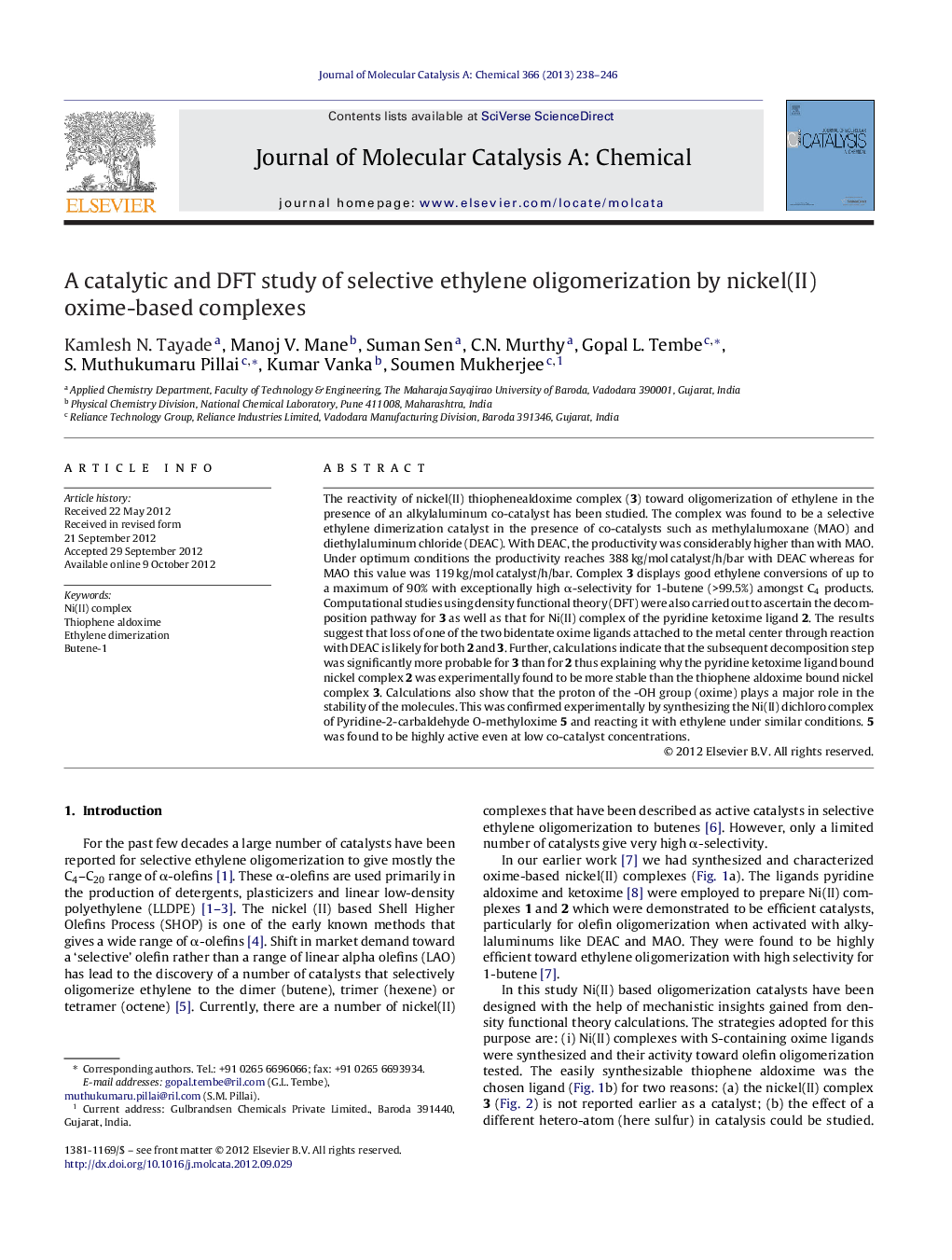A catalytic and DFT study of selective ethylene oligomerization by nickel(II) oxime-based complexes