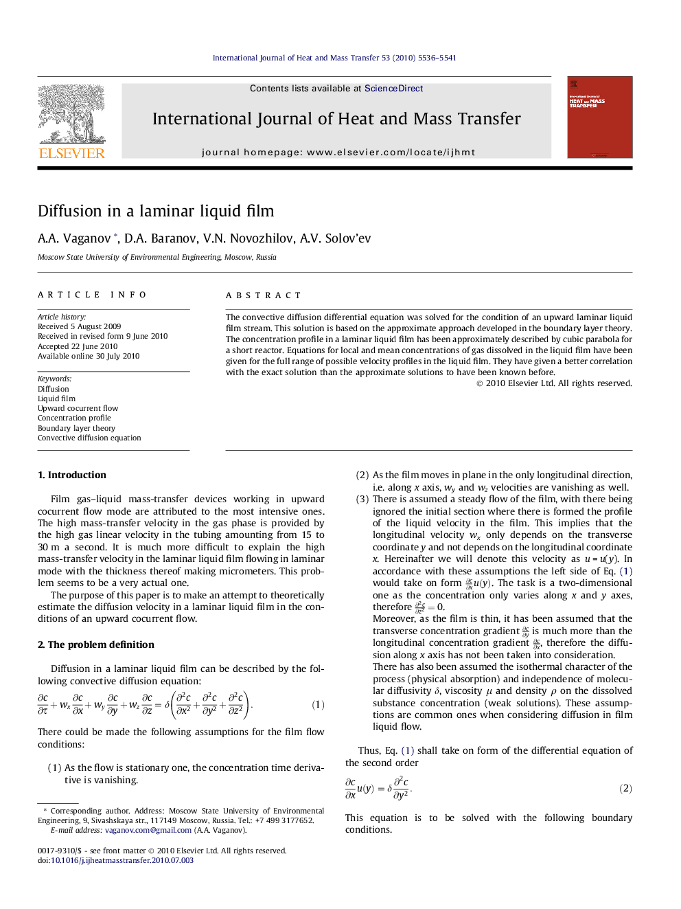 Diffusion in a laminar liquid film