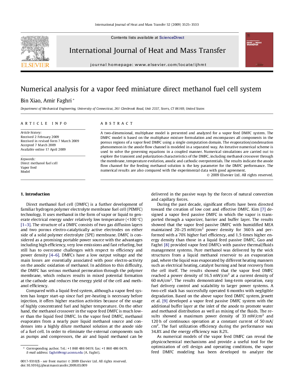 Numerical analysis for a vapor feed miniature direct methanol fuel cell system