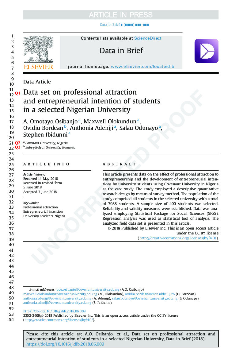 Data set on professional attraction and entrepreneurial intention of students in a selected Nigerian University