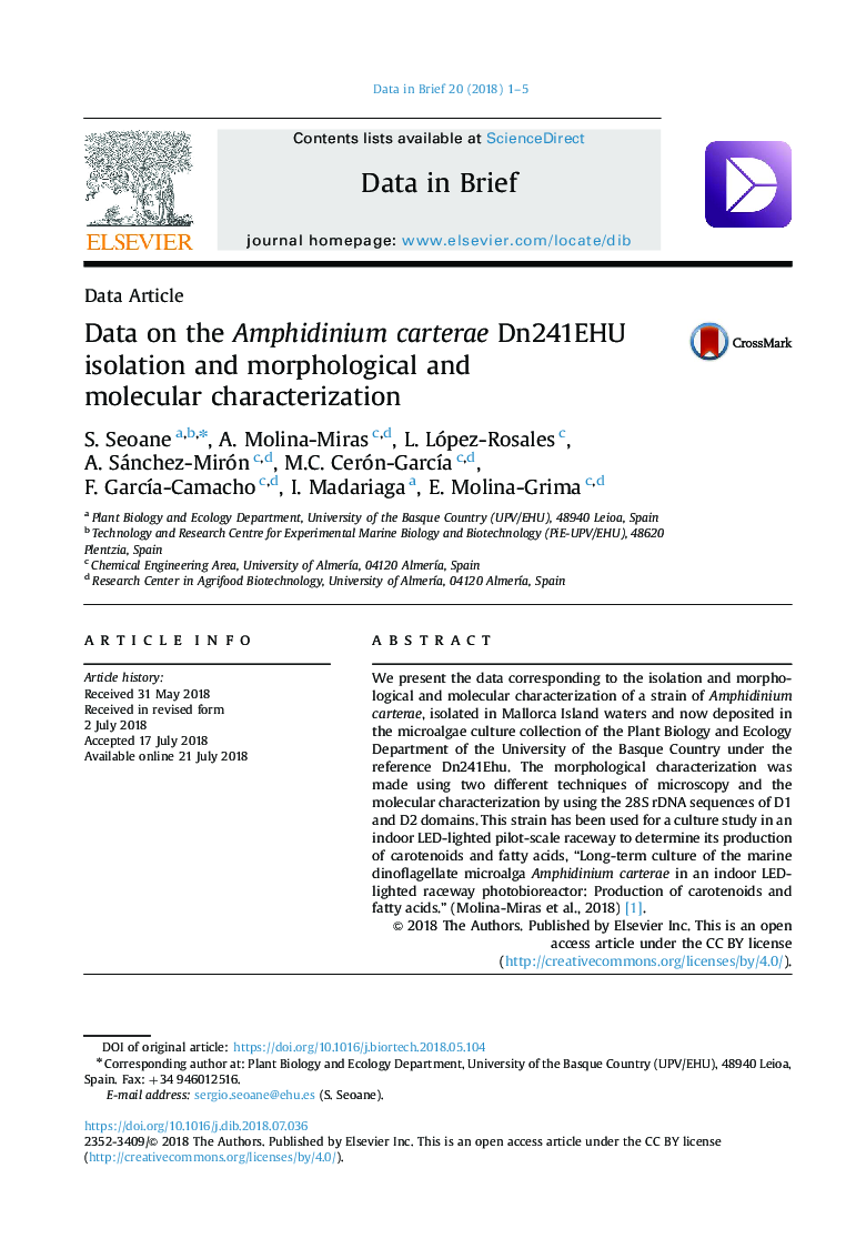 Data on the Amphidinium carterae Dn241EHU isolation and morphological and molecular characterization