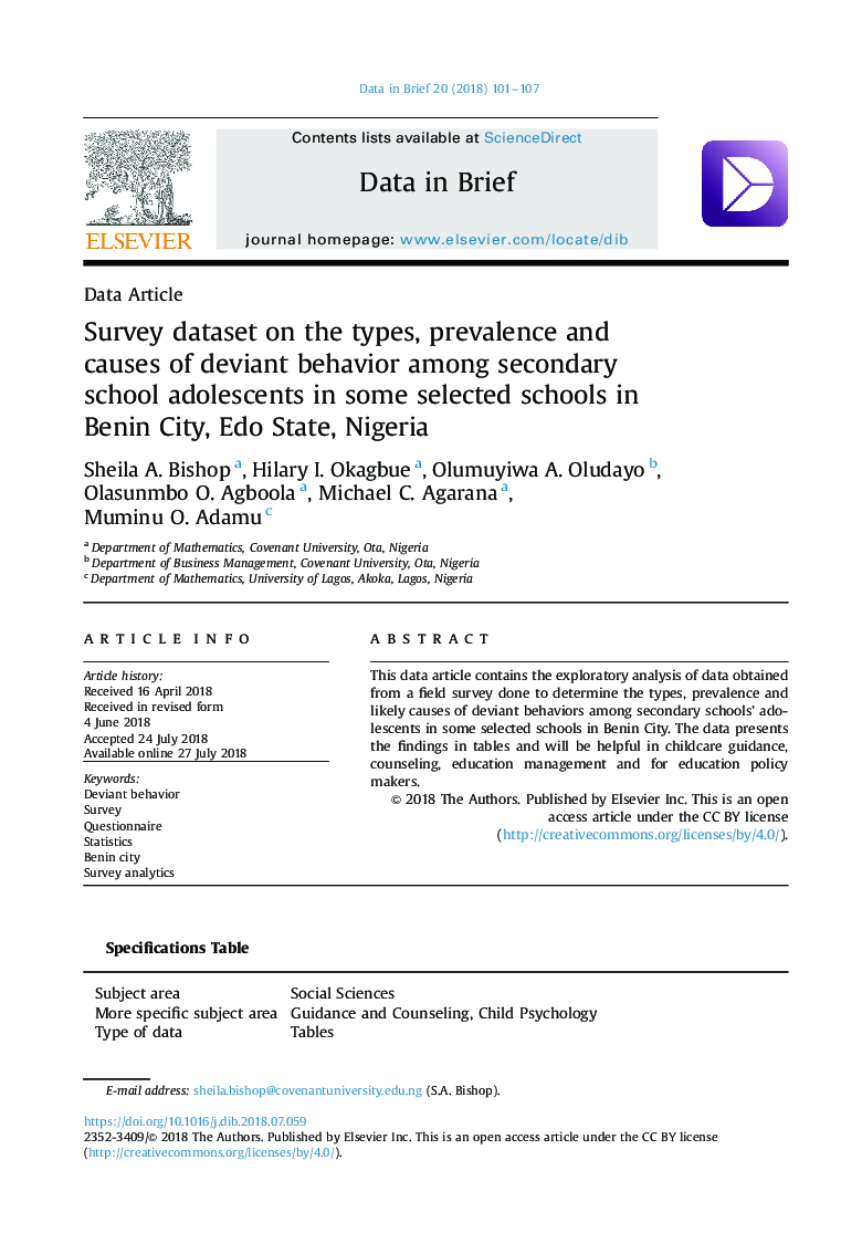 Survey dataset on the types, prevalence and causes of deviant behavior among secondary school adolescents in some selected schools in Benin City, Edo State, Nigeria