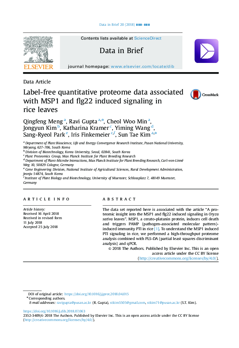 Label-free quantitative proteome data associated with MSP1 and flg22 induced signaling in rice leaves