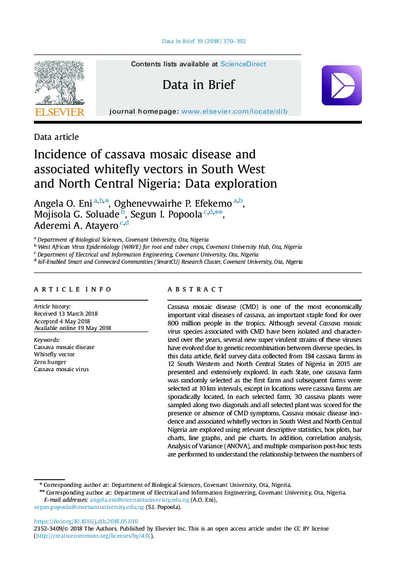 Incidence of cassava mosaic disease and associated whitefly vectors in South West and North Central Nigeria: Data exploration