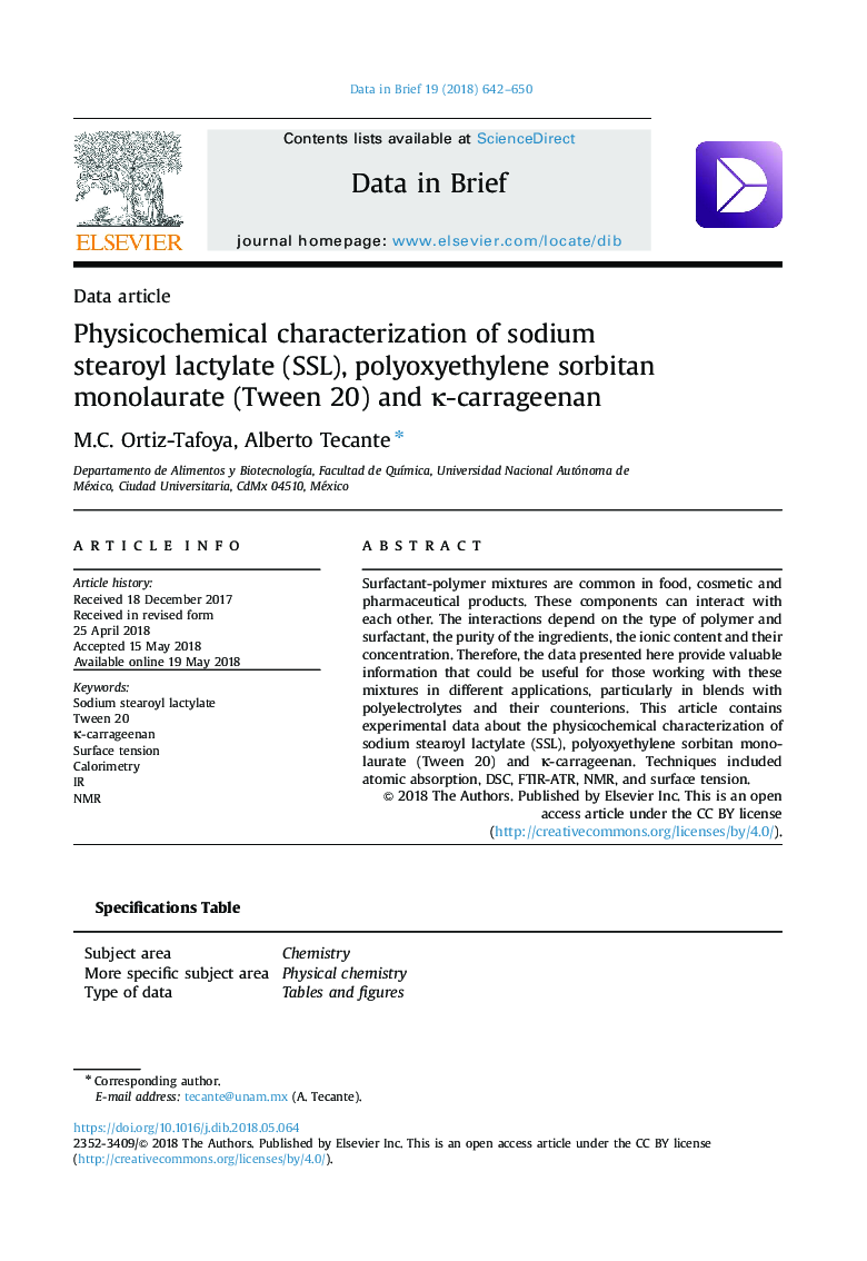 Physicochemical characterization of sodium stearoyl lactylate (SSL), polyoxyethylene sorbitan monolaurate (Tween 20) and Îº-carrageenan