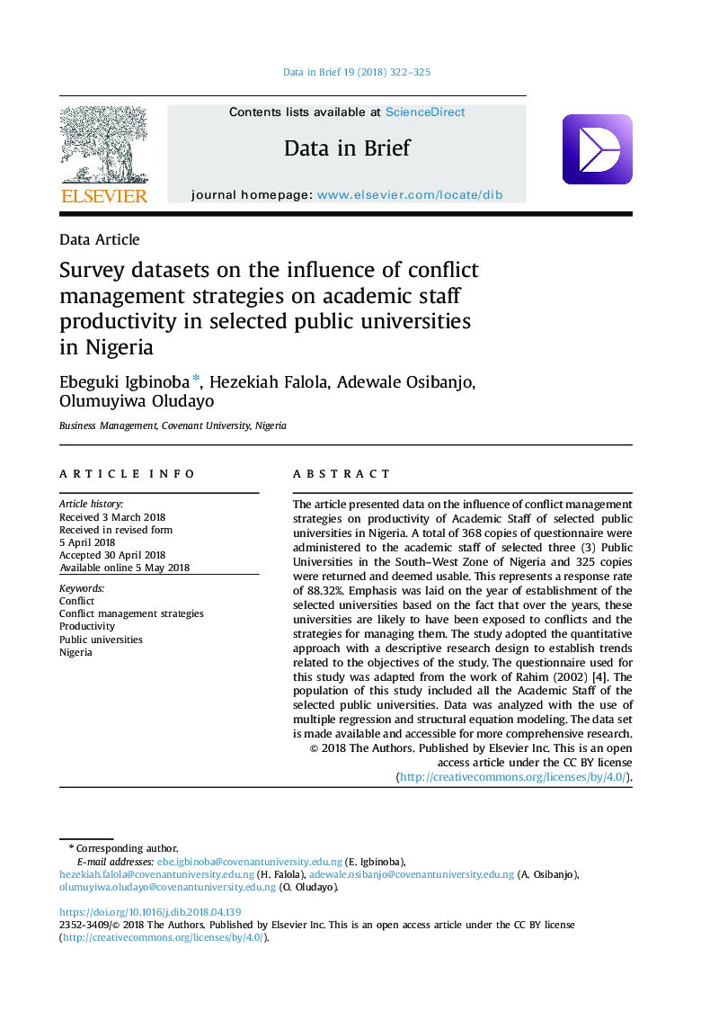 Survey datasets on the influence of conflict management strategies on academic staff productivity in selected public universities in Nigeria