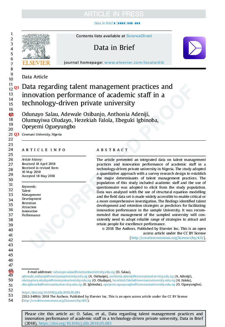 Data regarding talent management practices and innovation performance of academic staff in a technology-driven private university