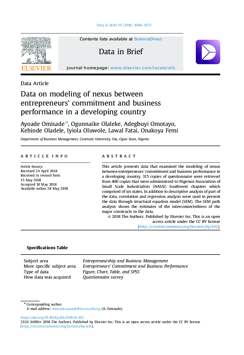 Data on modeling of nexus between entrepreneurs×³ commitment and business performance in a developing country