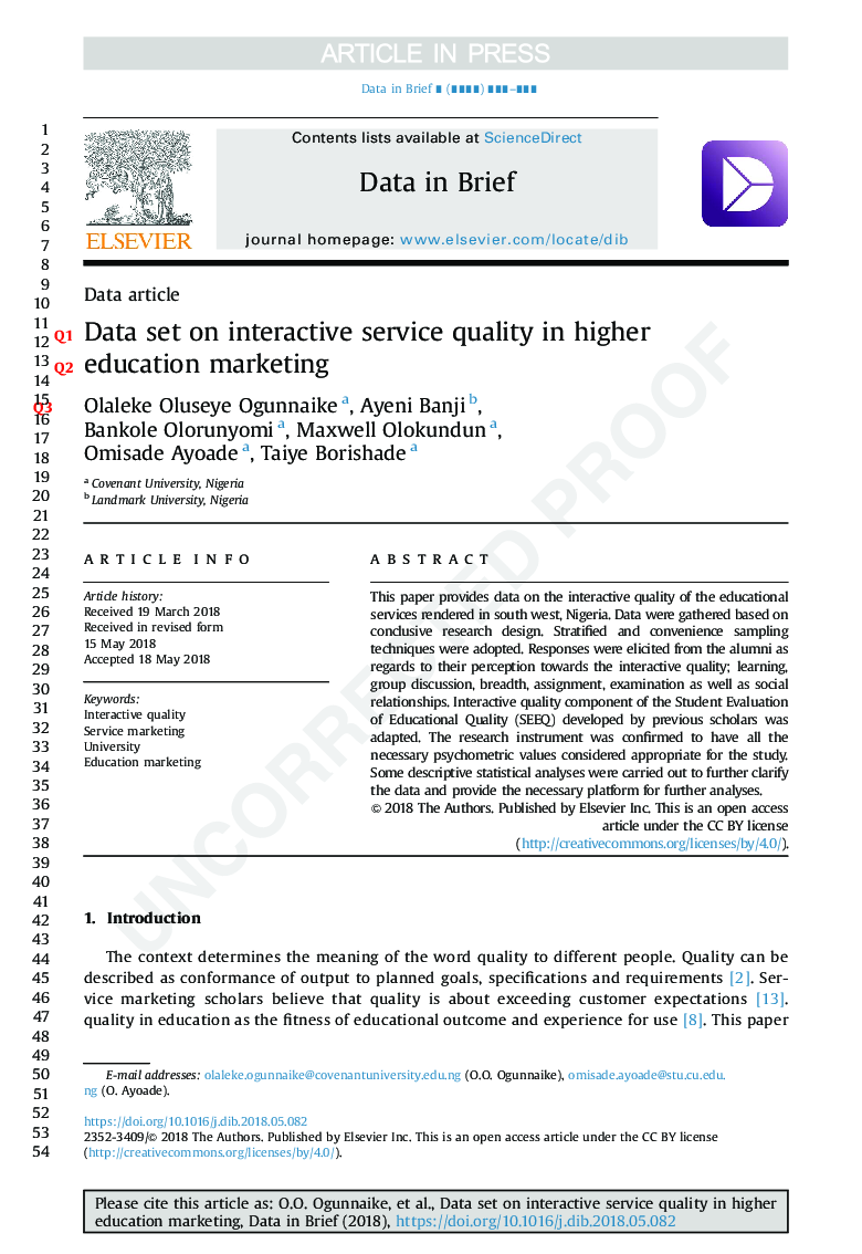 Data set on interactive service quality in higher education marketing