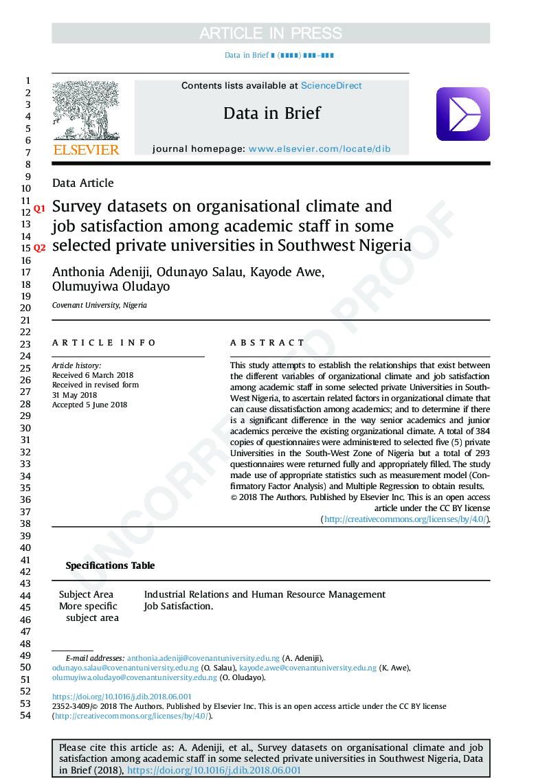 Survey datasets on organisational climate and job satisfaction among academic staff in some selected private universities in Southwest Nigeria