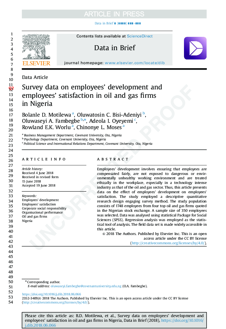 Survey data on employees' development and employees' satisfaction in oil and gas firms in Nigeria