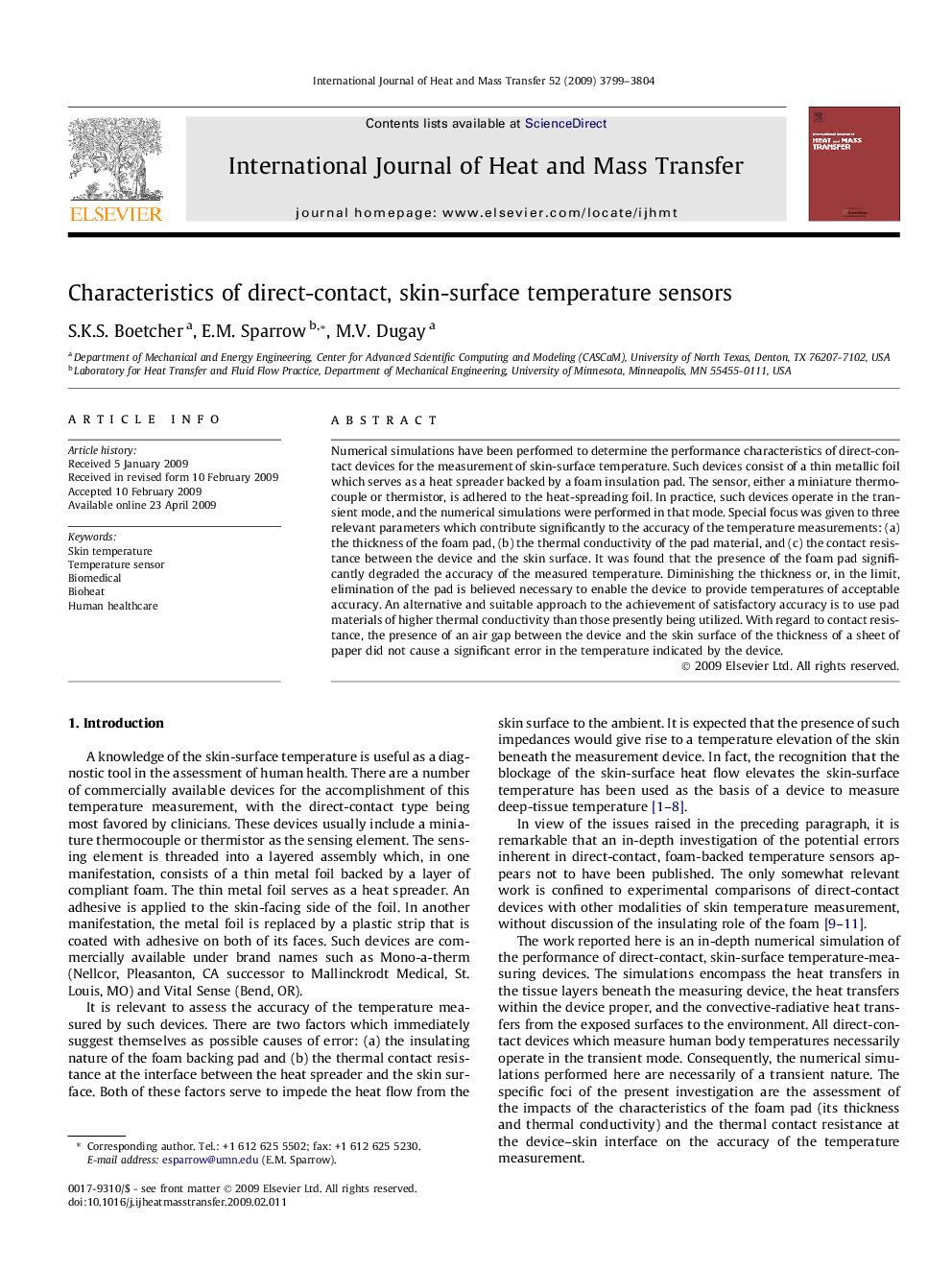 Characteristics of direct-contact, skin-surface temperature sensors