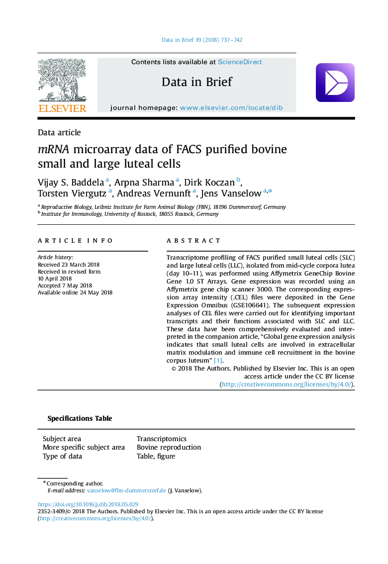 mRNA microarray data of FACS purified bovine small and large luteal cells