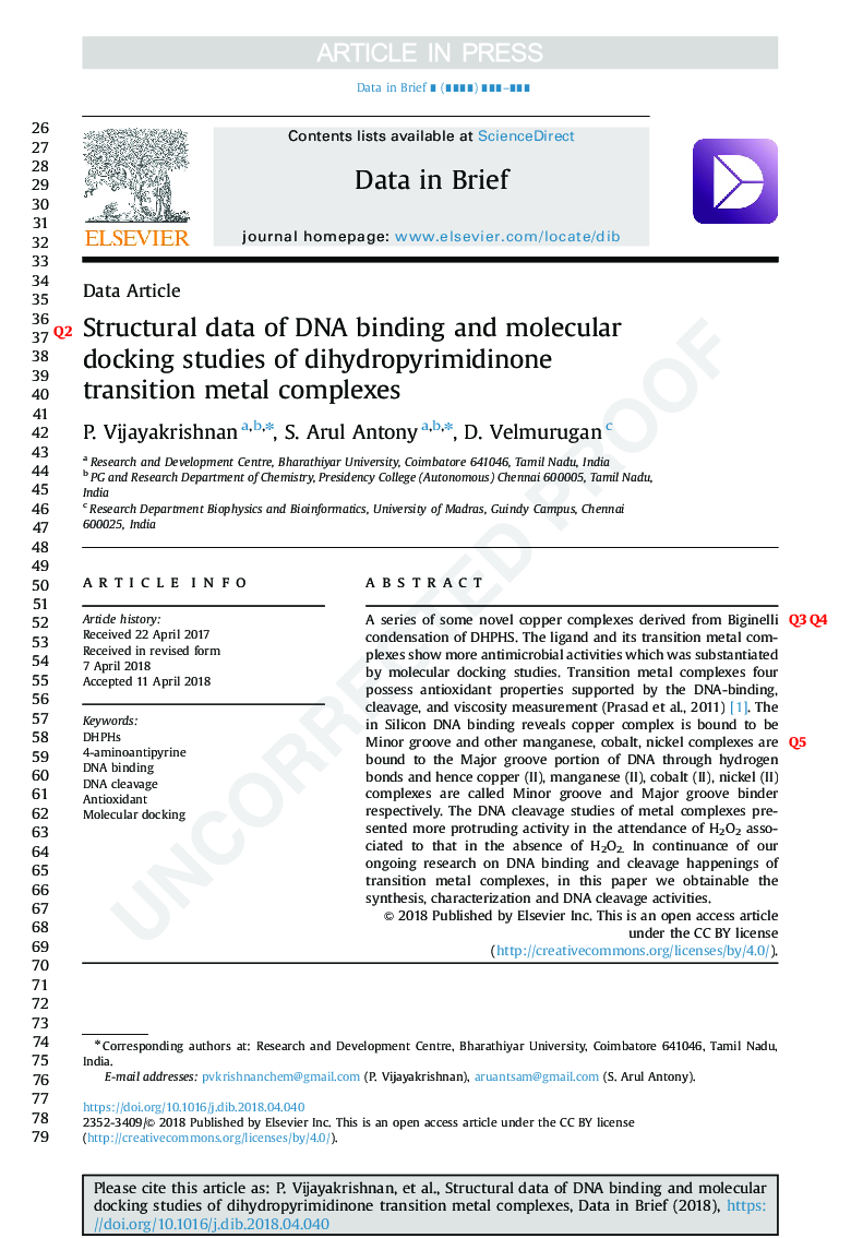 عکس صفحه اول مقاله: Structural data of DNA binding and molecular docking studies of dihydropyrimidinone transition metal complexes Structural data of DNA binding and molecular docking studies of dihydropyrimidinone transition metal complexes