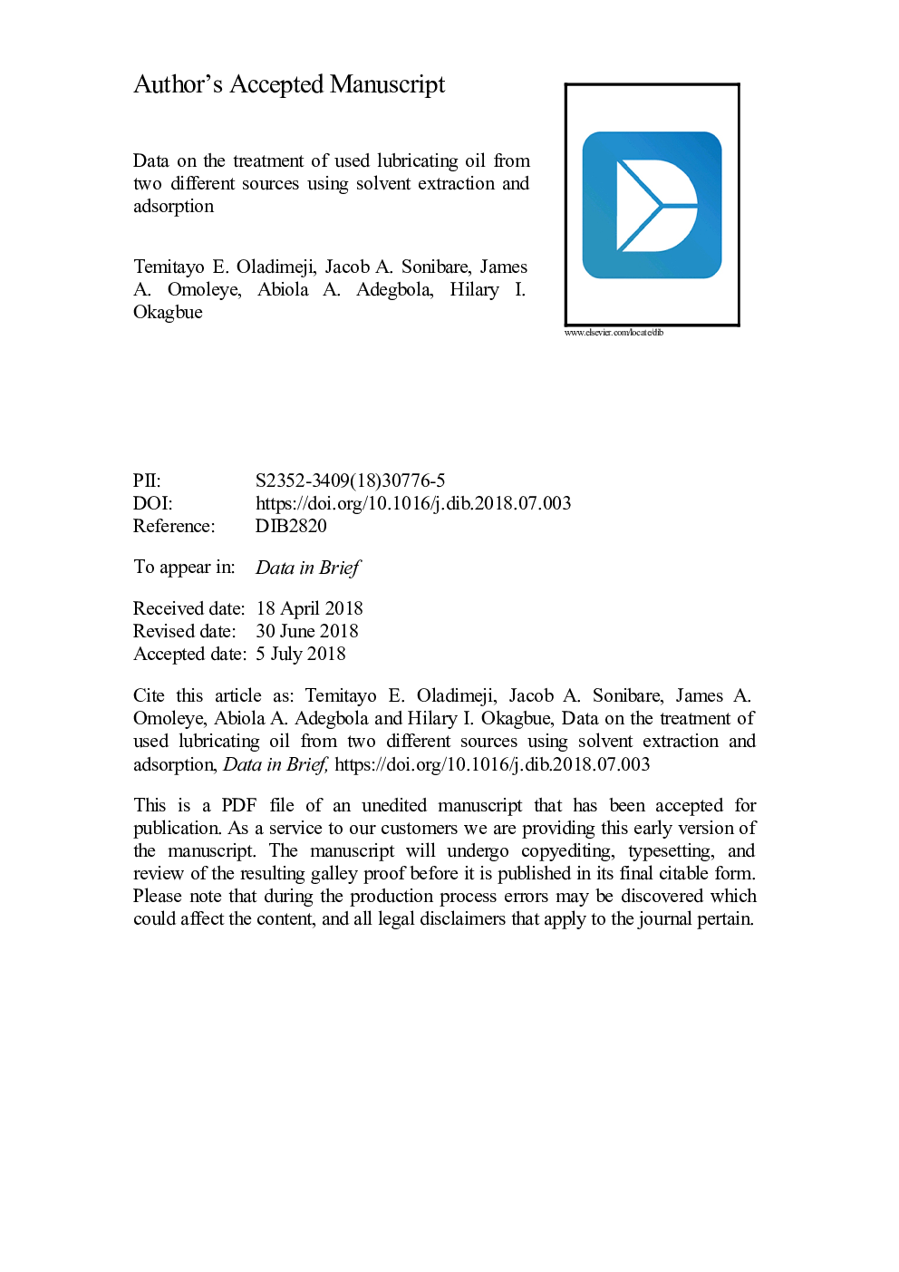 Data on the treatment of used lubricating oil from two different sources using solvent extraction and adsorption