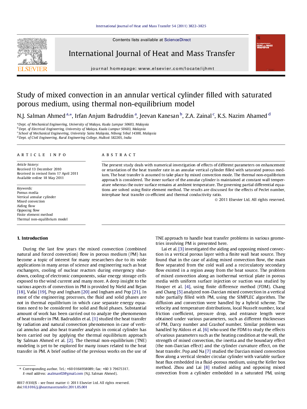 Study of mixed convection in an annular vertical cylinder filled with saturated porous medium, using thermal non-equilibrium model