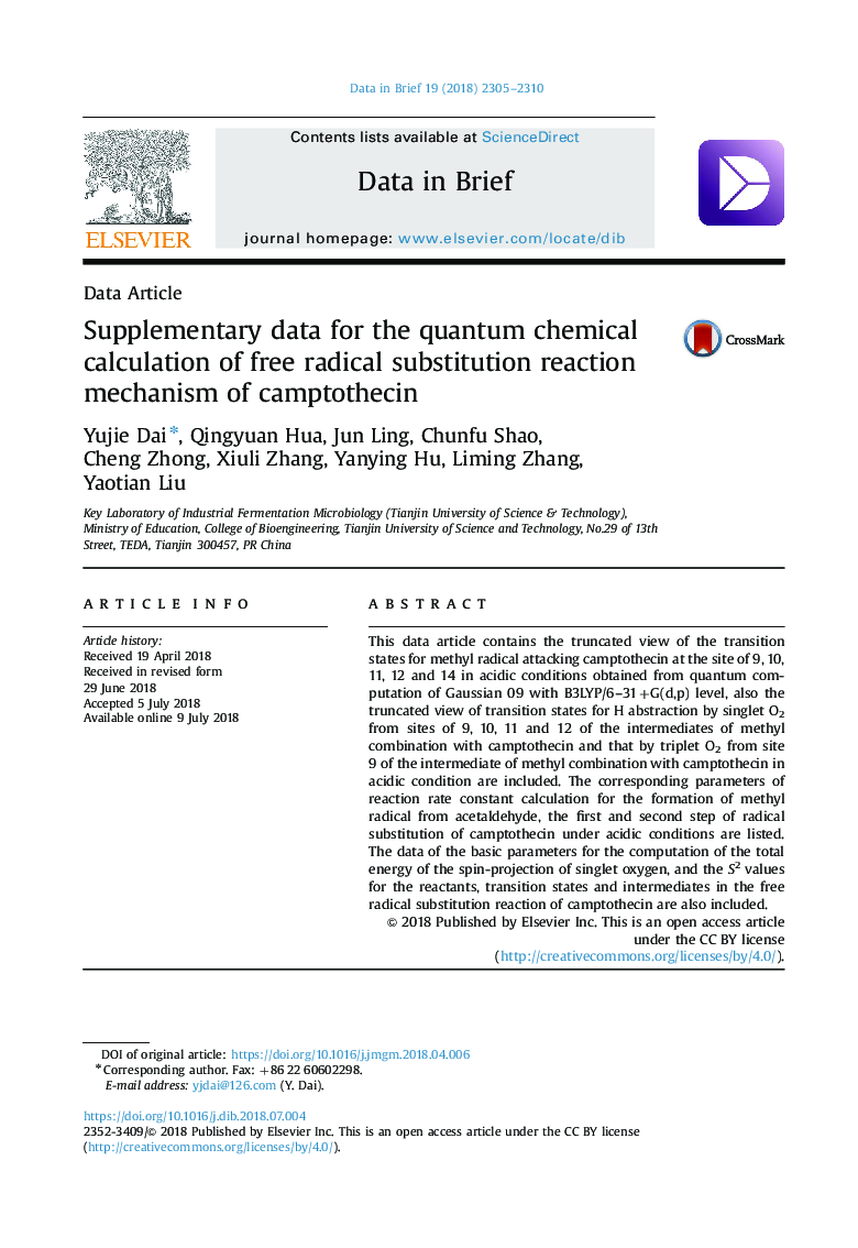 Supplementary data for the quantum chemical calculation of free radical substitution reaction mechanism of camptothecin