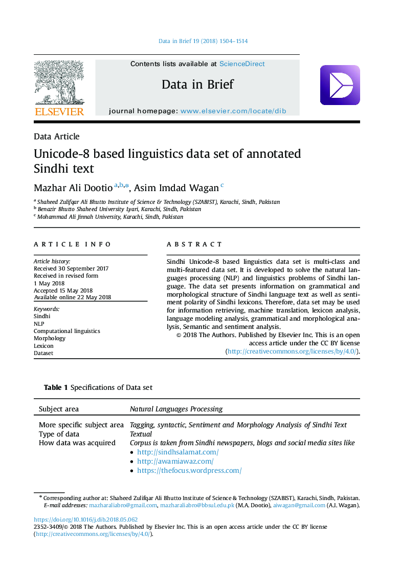 Unicode-8 based linguistics data set of annotated Sindhi text