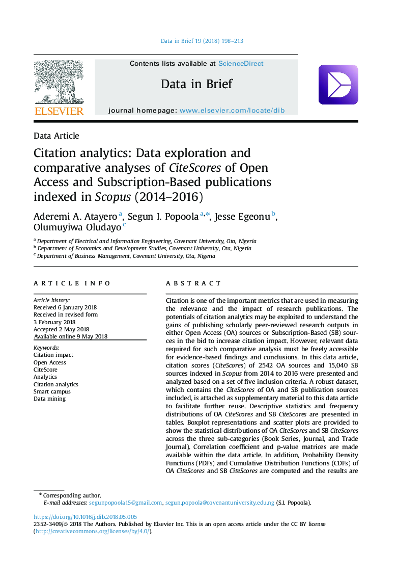 Citation analytics: Data exploration and comparative analyses of CiteScores of Open Access and Subscription-Based publications indexed in Scopus (2014-2016)