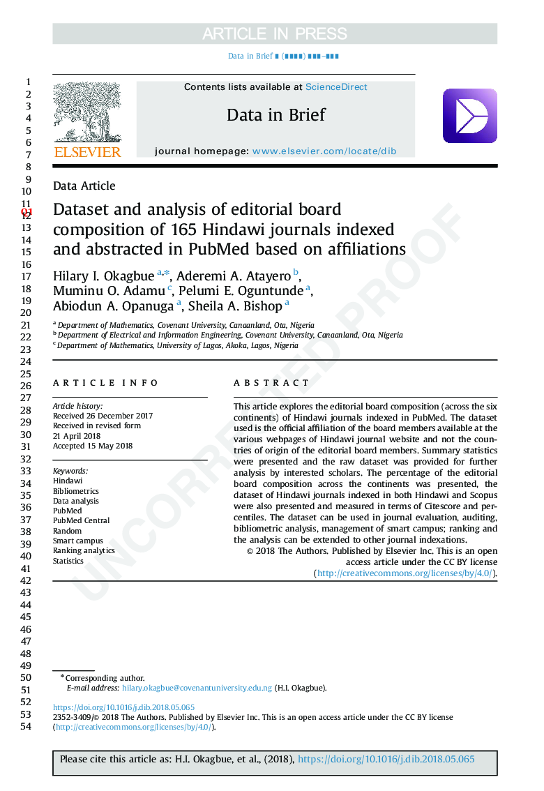 Dataset and analysis of editorial board composition of 165 Hindawi journals indexed and abstracted in PubMed based on affiliations