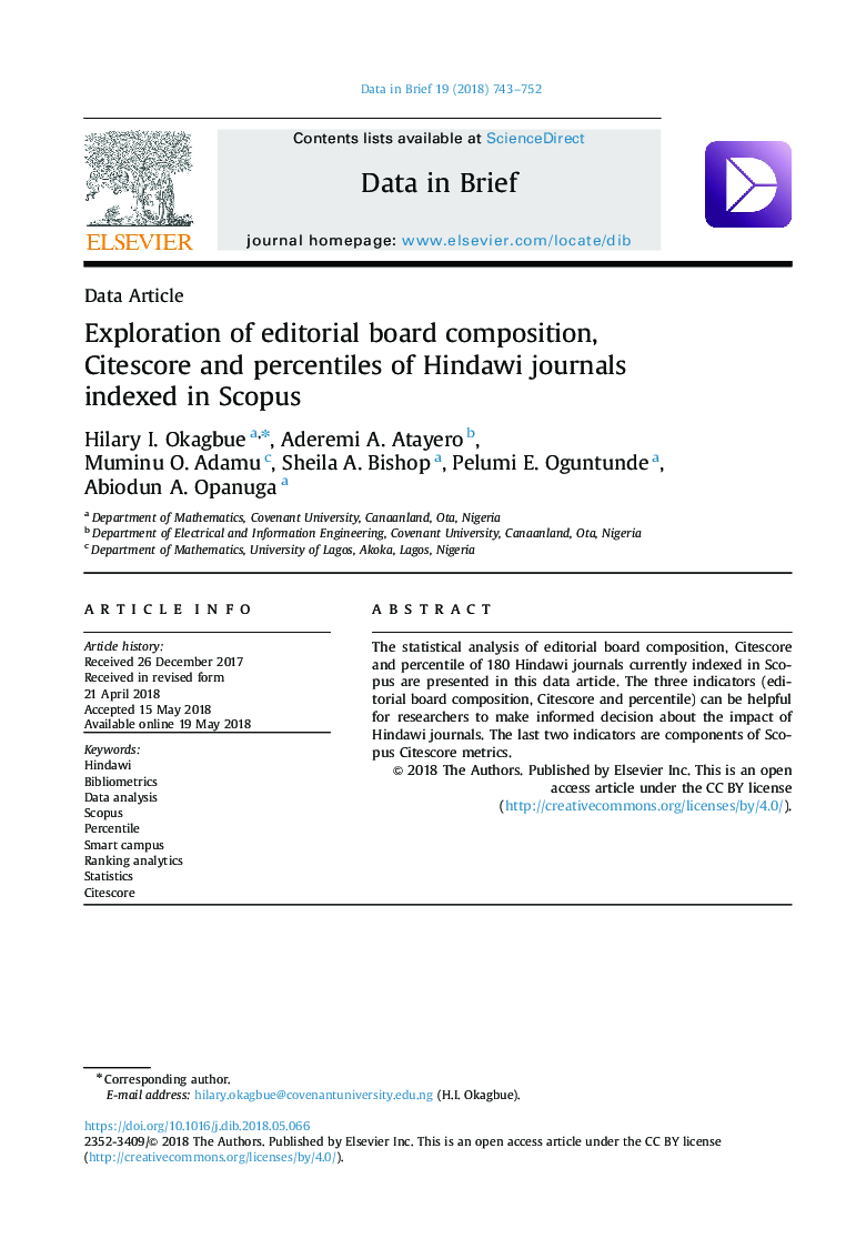 Exploration of editorial board composition, Citescore and percentiles of Hindawi journals indexed in Scopus