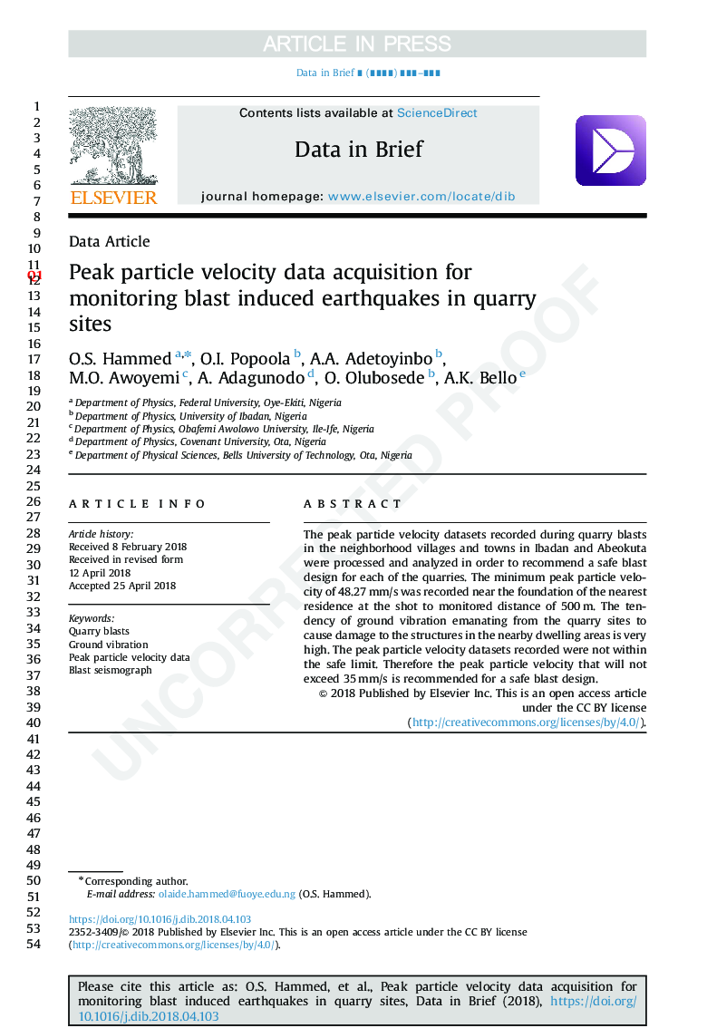 Peak particle velocity data acquisition for monitoring blast induced earthquakes in quarry sites